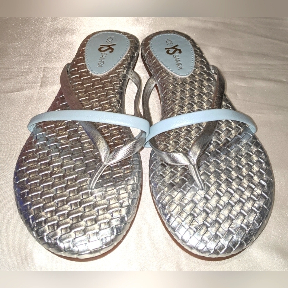 Yosi Samra Womens River Burnished Woven Flip Flop Sandals Silver/Blue NWOT Sz 5